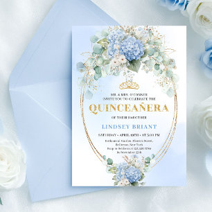 Timeless Blue Hydrangea Quinceañera Gold Invitatio Invitation