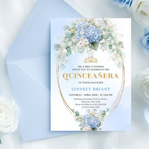 Timeless Blue Hydrangea Quinceañera Gold Invitatio