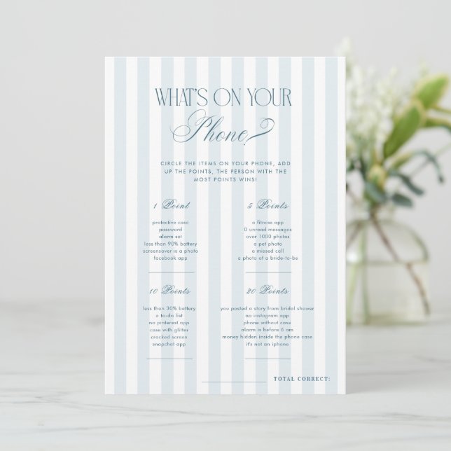 Timeless Blue Stripes Whats on Your Phone Game Invitation (Standing Front)