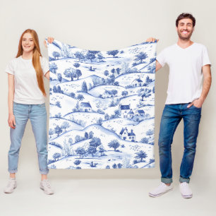 Timeless Blue Toile Pastoral French Landscape Fleece Blanket