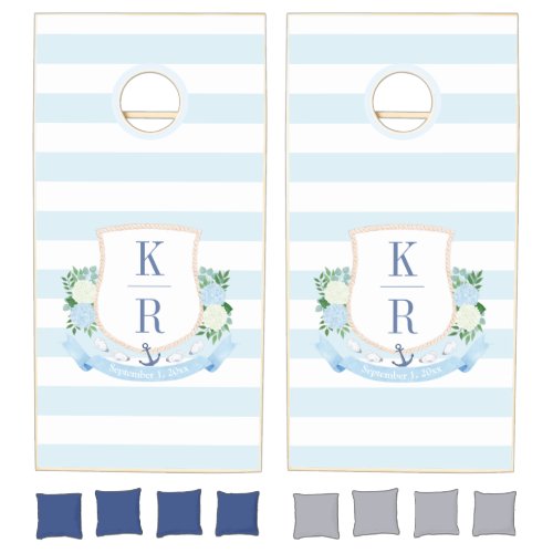 Timeless Blue White Coastal Monogram Crest Cornhole Set