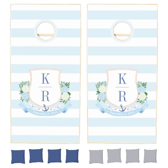 Timeless Blue White Coastal Monogram Crest Cornhole Set (Set)