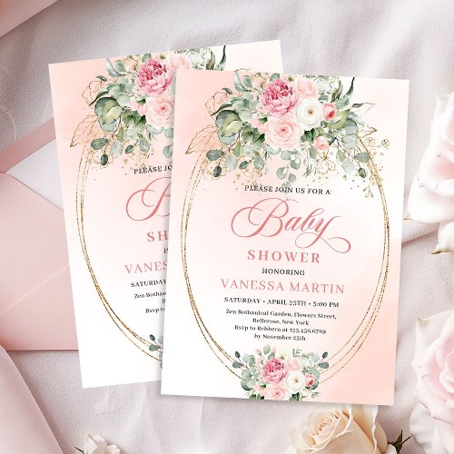 Timeless Blush Floral Gold Girl Baby Shower Invite
