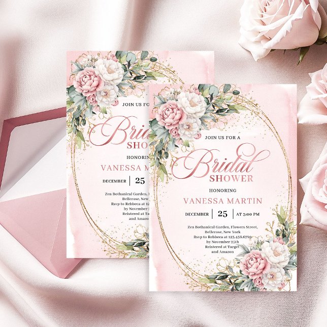 Timeless Blush Pink Floral Eucalyptus Shower Invitation (Timeless Blush Pink Floral Eucalyptus Shower)