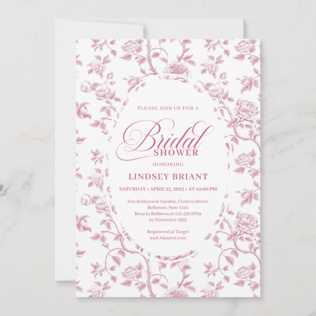 Timeless Blush Pink Toile Roses Pattern Bridal Sho Invitation (Front)