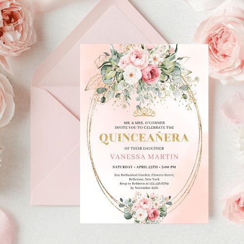 Timeless Blush Roses Eucalyptus Quinceañera Invite