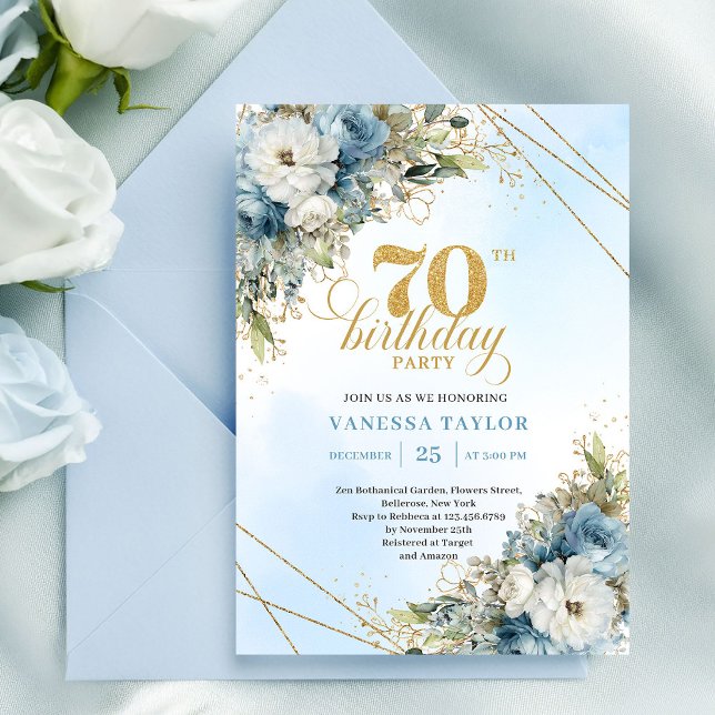 Timeless bohemian blue florals gold 70th birthday  invitation (Timeless bohemian blue florals gold 70th birthday invite

)