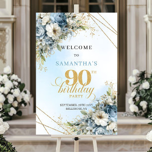 Timeless bohemian blue florals gold 90th birthday poster