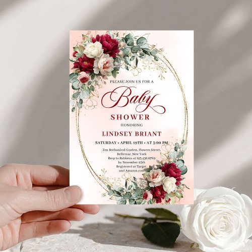 Timeless Bohemian Burgundy Floral Gold Baby Shower