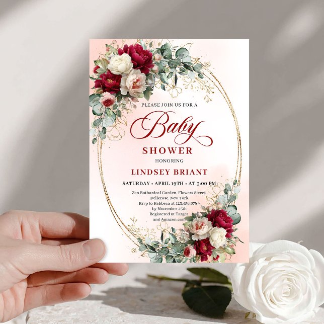 Timeless Bohemian Burgundy Floral Gold Baby Shower Invitation (Timeless Bohemian Burgundy Floral Baby Shower Invite)