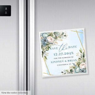 Timeless Boho Blue Floral Gold Frame Save The Date Magnet