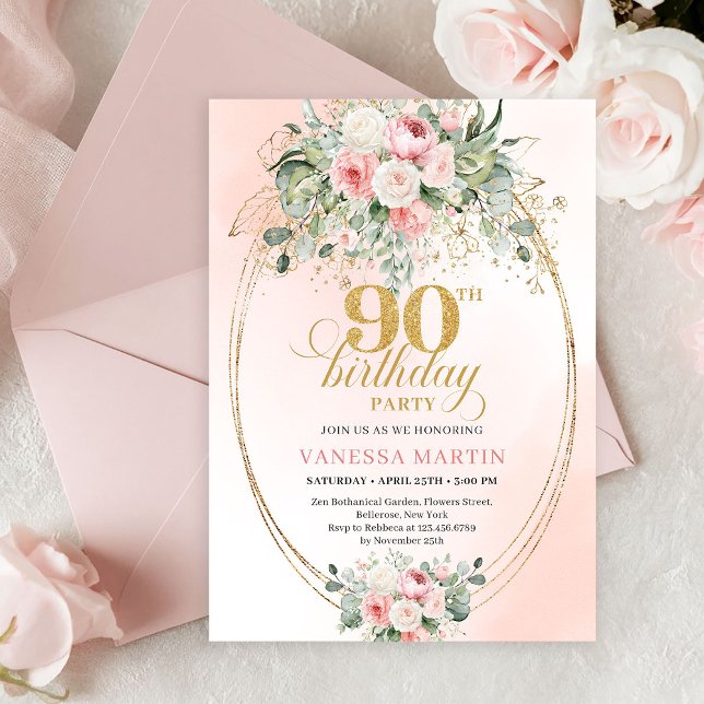 Timeless Boho Blush Roses Gold 90th Birthday Invitation (Timeless Boho Blush Roses Gold 90th Birthday Invite)