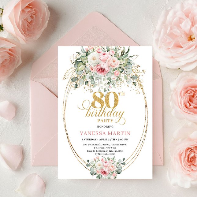 Timeless Boho Blush Roses Minimal 80th Birthday Invitation (Timeless Boho Blush Roses Minimal 80th Birthday)