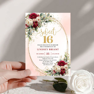 Timeless Boho Burgundy Gold Floral Sweet Sixteen  Invitation