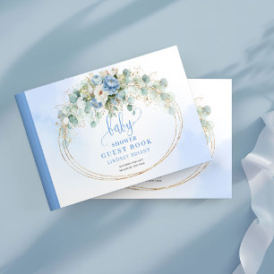 Timeless Boho Dusty Blue Flowers Gold Baby Shower Guest Book