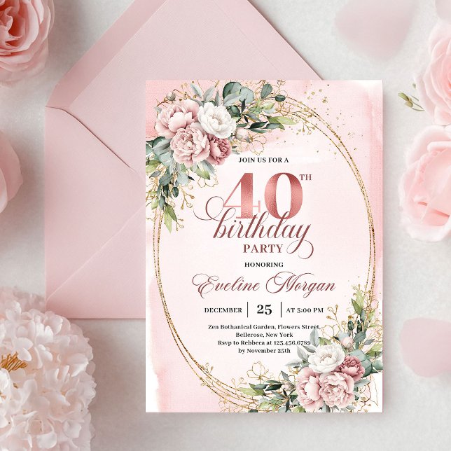 Timeless Boho Rose Gold Floral 40th Birthday Invitation (Timeless Boho Rose Gold Floral 40th Birthday Invitation)