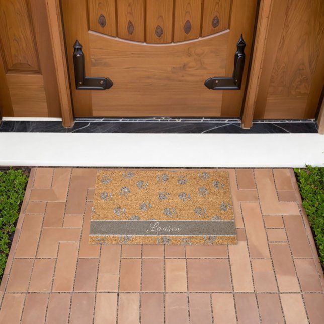 Timeless Botanical Bloom Soft Grey Monogram  Fiber Doormat (Insitu (Outdoor))