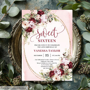 Timeless Burgundy Blush Floral Sweet 16 Invite