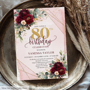 Timeless Burgundy Blush Gold Roses 80th Birthday Invitation