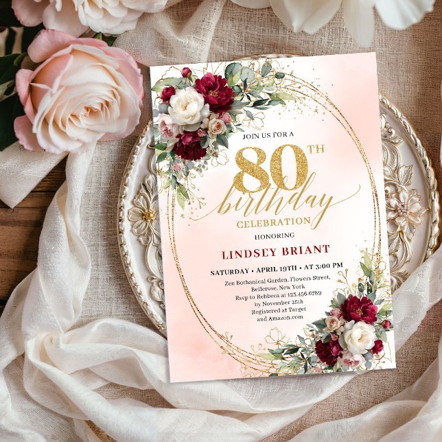 Timeless Burgundy Boho Floral 80th Birthday Invite (Timeless Burgundy Boho Floral 80th Birthday Invite)