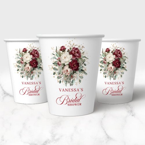 Timeless Burgundy Floral Bridal Shower Paper Cups