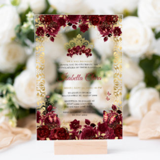 Timeless Burgundy Floral Gold Arch Quinceanera Acrylic Invitations