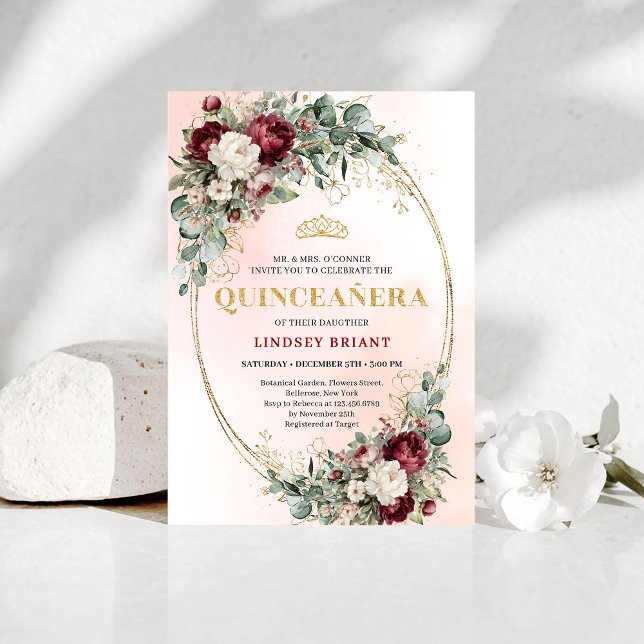 Timeless Burgundy Floral Quinceañera Invitation (Timeless Burgundy Floral Quinceañera Invitation)