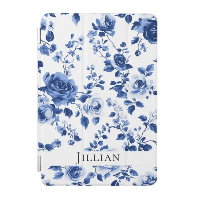 Timeless Charm: Blue Toile Rose iPad Smart Cover (Front)