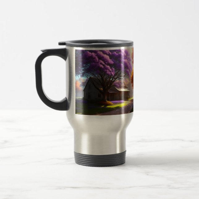 "Timeless Charm: Farmhouse and the Old Jacaranda  Travel Mug (Left)
