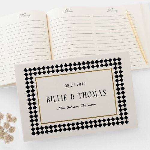 Timeless Checkerboard Black and Cream Wedding Guest Book