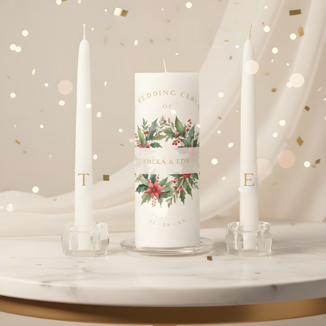 Timeless Christmas Botanical Holy Flowers Wedding Unity Candle Set (Timeless Christmas Botanical Holy and Flowers Wreath Wedding Unity Candle Set with Initials. )