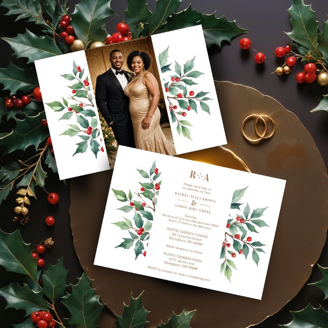 Timeless Christmas Holly Branches Photo Wedding Invitation (Timeless Watercolor Effect Christmas Holly Branches Photo Faux Golden Wedding Invitations Cards.)