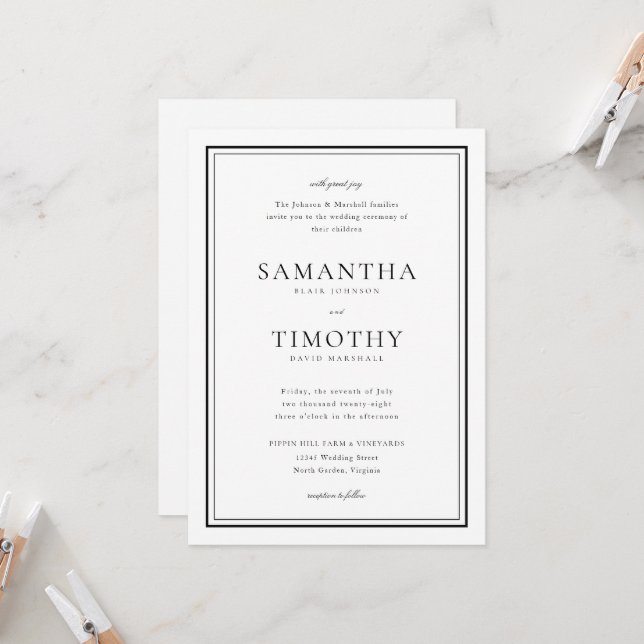 Timeless Classic Black and White Border Wedding Invitation (Front/Back In Situ)