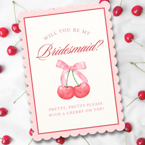 Timeless Coquette Bow Cherry Bridesmaid Proposal Invitation