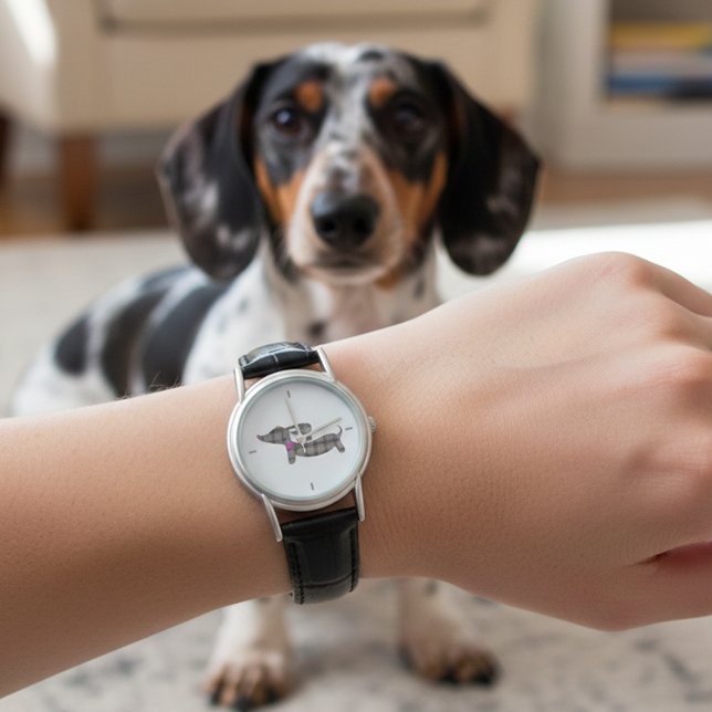Timeless Dachshund Charm: Gray Plaid Leather Band  Watch (Plaid dachshund watch for wiener dog moms)