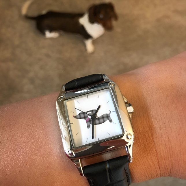 Timeless Dachshund Charm: Gray Plaid Leather Band  Watch (Plaid dachshund watch for wiener dog moms)