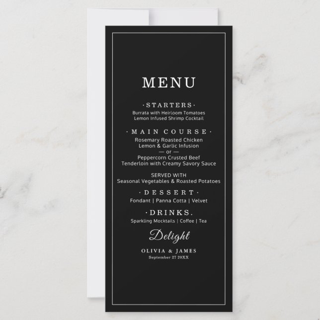 Timeless Dark Black Modern Minimalist Wedding Menu (Front)