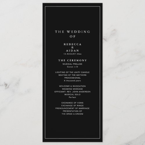 Timeless Dark Black Modern Minimalist Wedding Program