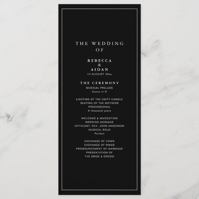 Timeless Dark Black Modern Minimalist Wedding Program (Front)