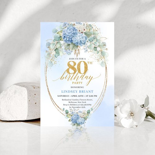 Timeless Dusty Blue Floral 80th Birthday Invite