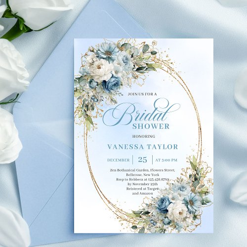 Timeless Dusty Blue Floral Script Bridal Shower 