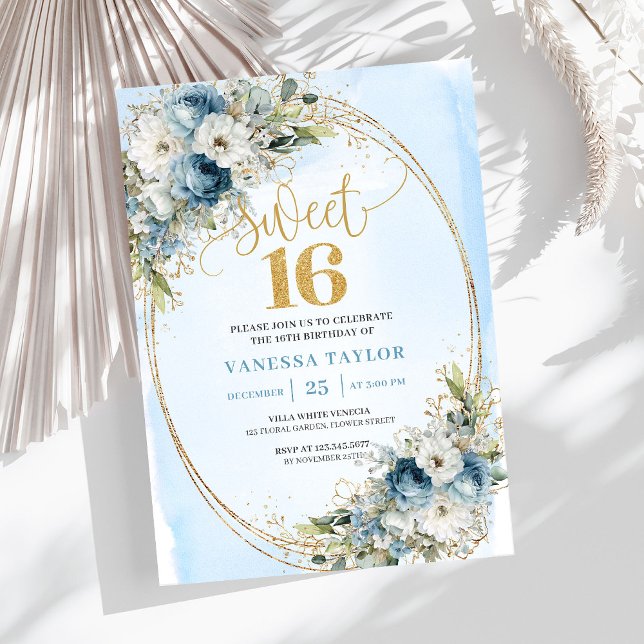 Timeless Dusty Blue Floral Sweet 16th Birthday  Invitation (Timeless Dusty Blue Floral Sweet 16th Birthday Invite)