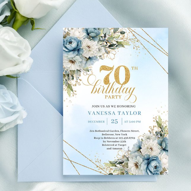 Timeless dusty blue florals gold frame 70 birthday invitation (Timeless dusty blue florals gold frame 70th birthday

)