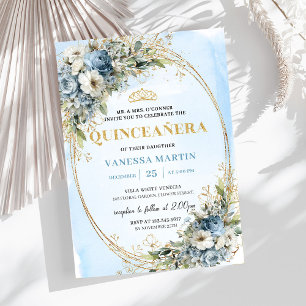 Timeless Dusty Blue Gold Greenery Quince 15 Invitation