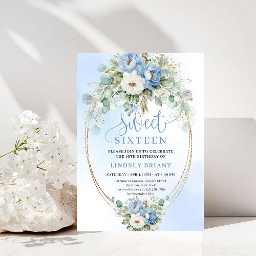 Timeless Dusty Blue Peony Gold Sweet 16 Birthday 