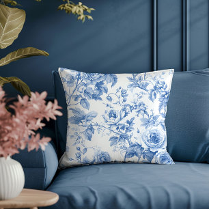Timeless Dusty Blue Toile de Jouy Floral Pillow