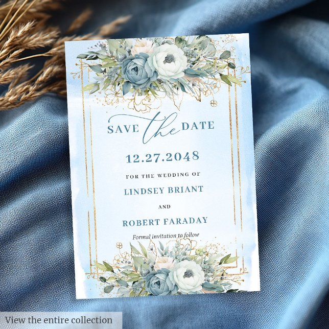 Timeless Dusty Blue White Gold Floral Save Date Invitation (Timeless Dusty Blue White Gold Floral Save The Date)