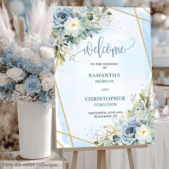 Timeless Dusty Blue White Peony Wedding Welcome  Foam Board (Timeless Dusty Blue White Peony Wedding Welcome Sign)