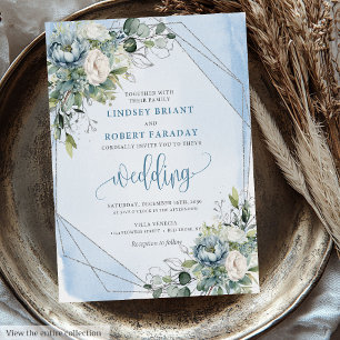 Timeless Dusty Blue White Silver Peonies Wedding Invitation