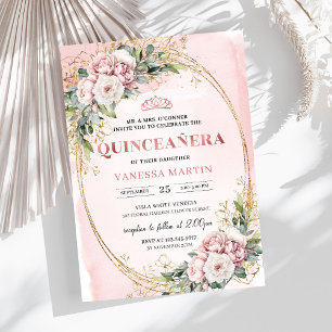 Timeless Dusty Pink Floral Greenery Quinceañera Invitation